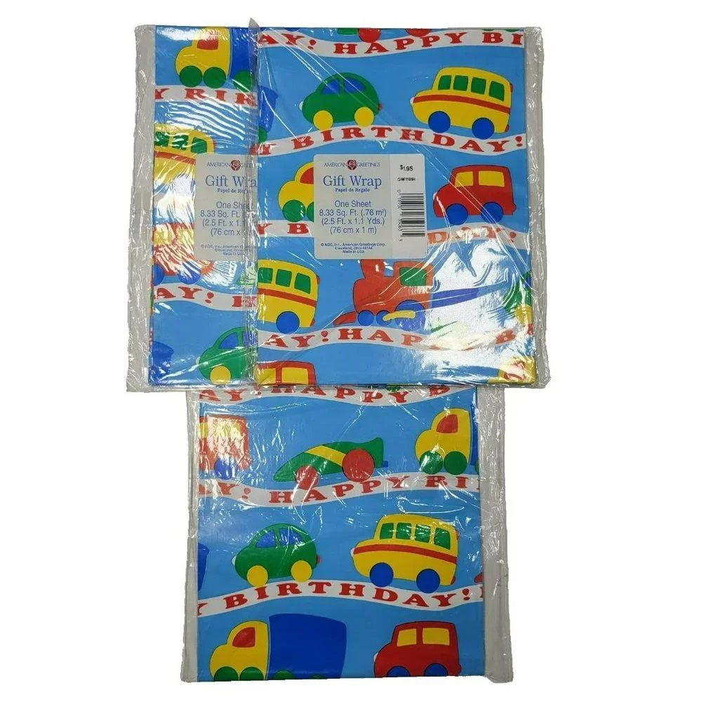 Lot of 3 Vintage American Greetings Gift Wrap CARS TRAINS BUS Blue NEW SEALED
